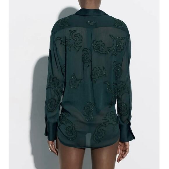 Zara Semi-Sheer Collared Button-Up Blouse Tonal Bead Applique Forest Green Small - Picture 8 of 14